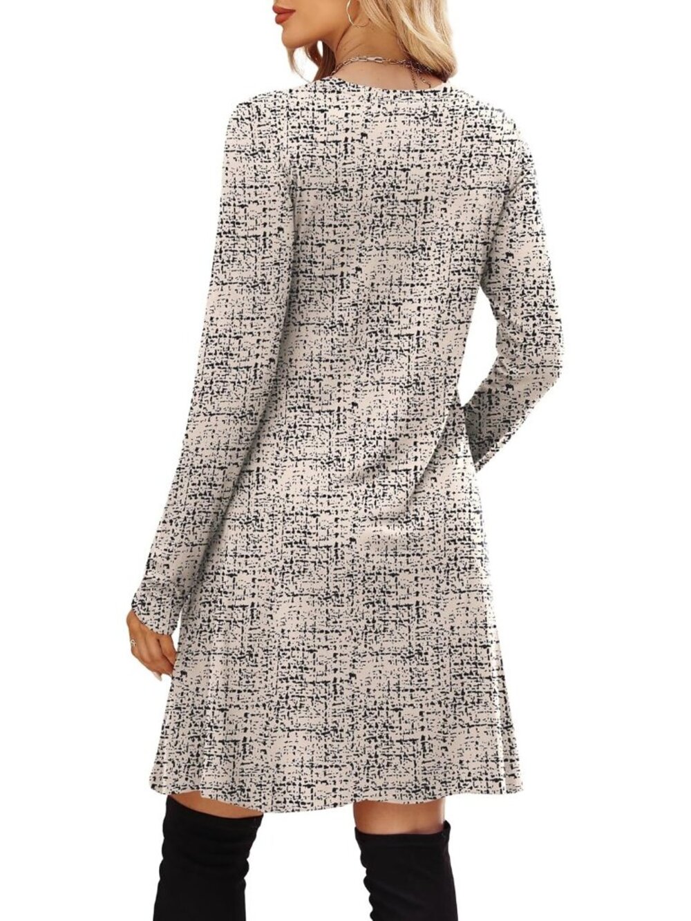 Women's Beige Plaid Long Sleeve Comfort Crew Neck Empire Waist Tunic Mini Dress - Picture 5 of 5